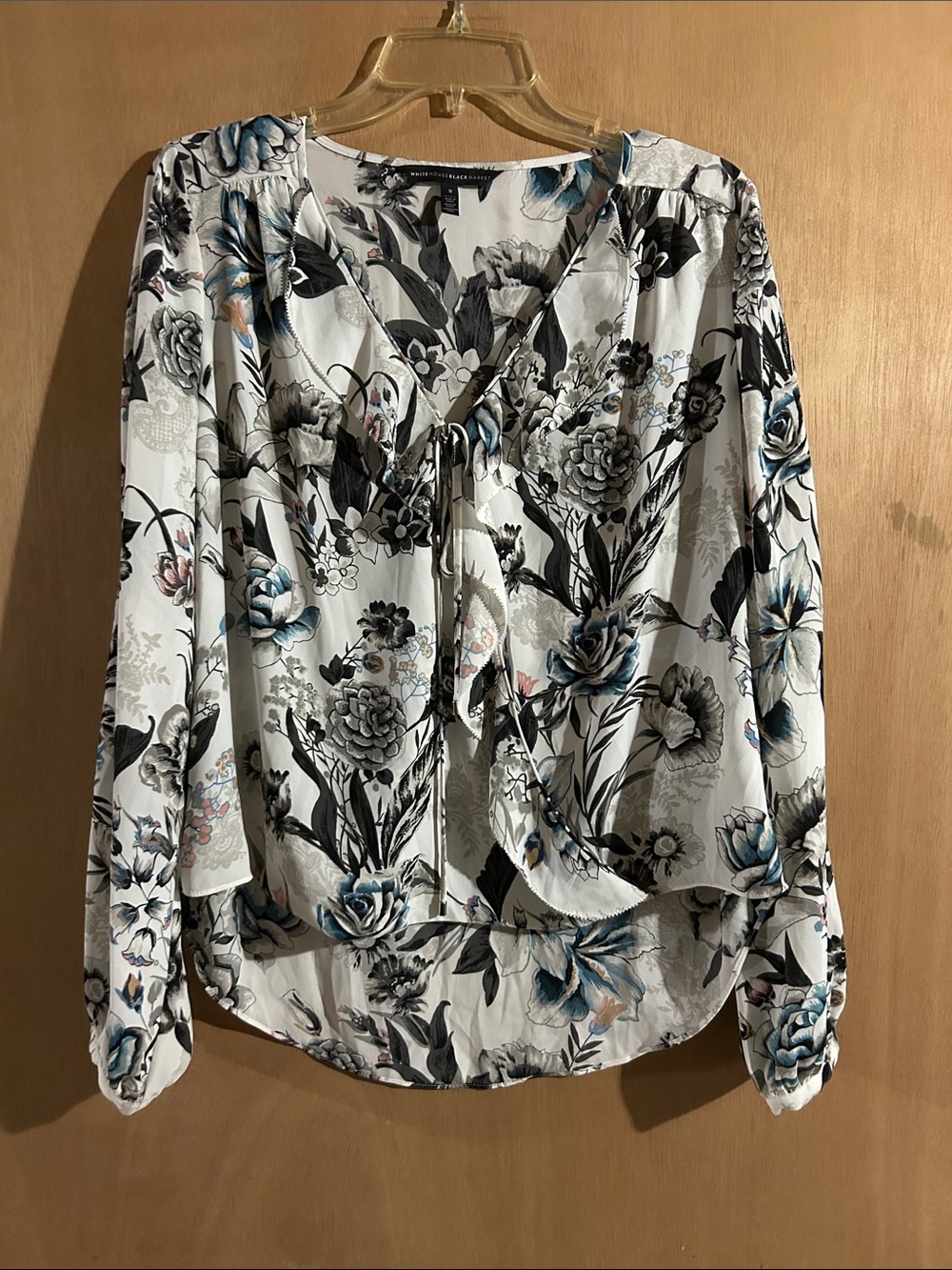 White House Black Market V-Neck Blouse - White with Blue & Black Floral Prin